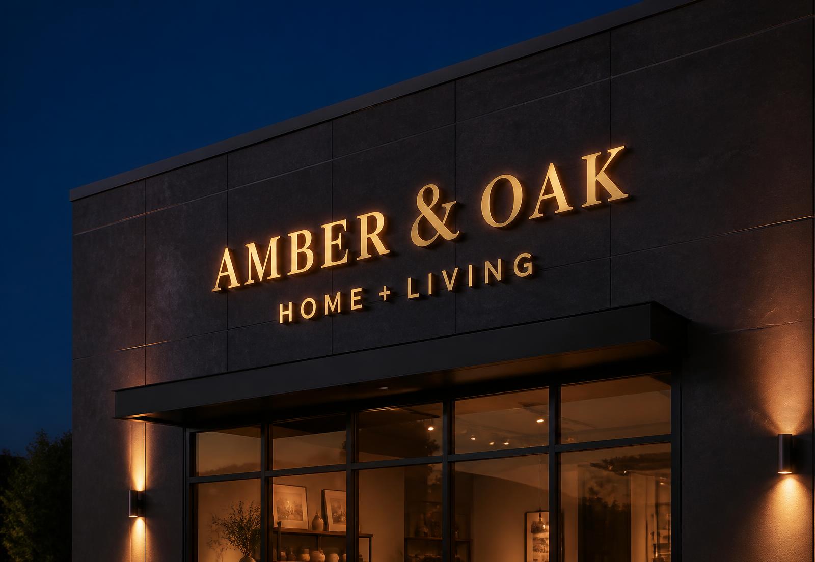 Warmly illuminated channel letter storefront sign on a dark stone facade at dusk